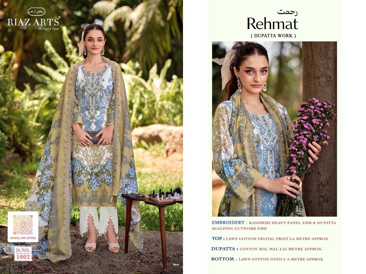 REHMAT By RIAZ ARTS 1001 TO 1008 Series Pakistani Suits Ethnic Wear LAWN COTTON CAMRIC Dresses At Wholesale
